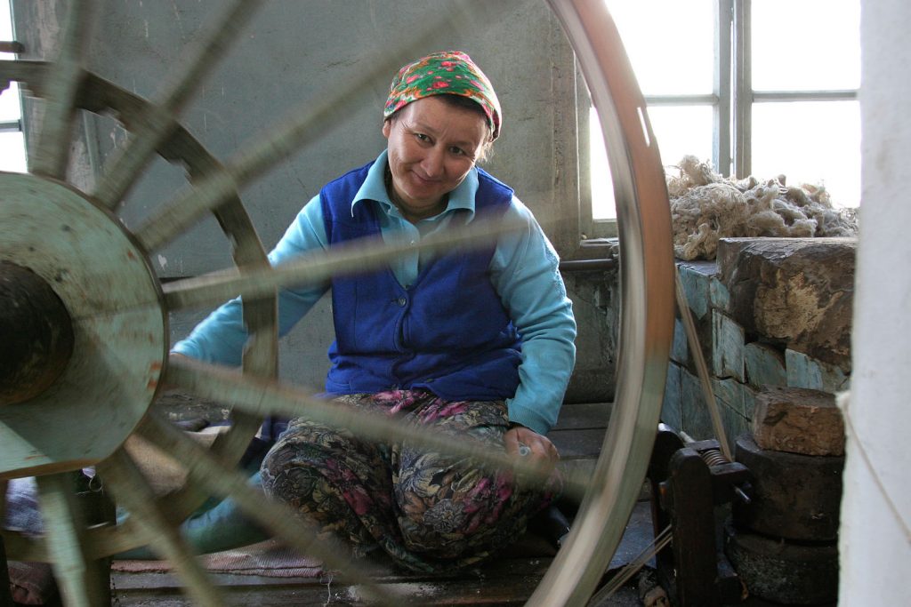 MAGHILAN, UZBEKISTAN - APRIL, 2004:   Yodgorlik Silk Factory in Margilan.  (Photo by Christopher Herwig)